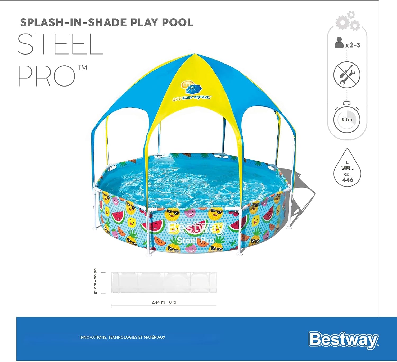 Piscine Bestway Steel Pro 2,44 m avec Toit Pare-Soleil UV – Piscine Enfant Familiale