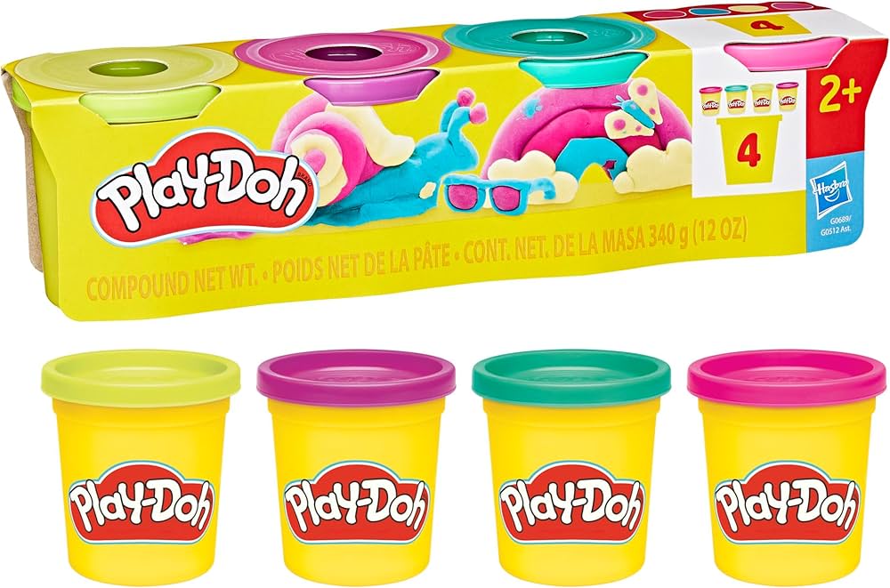 Lot de 4 pots de pâte à modeler Play-Doh de Hasbro, aux couleurs éclatantes.