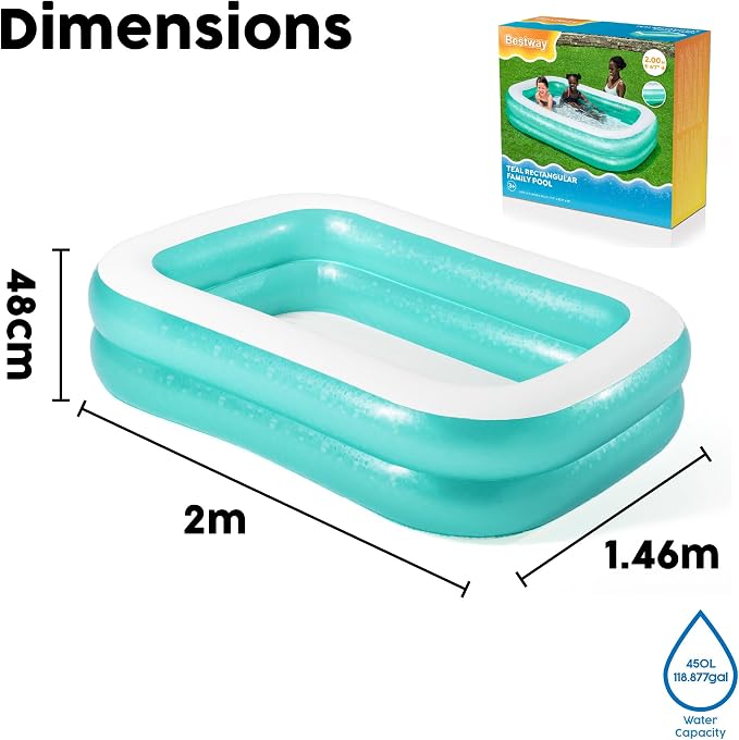 La piscine familiale rectangulaire Bestway Teal est fabriquée en vinyle durable et se gonfle rapidement.