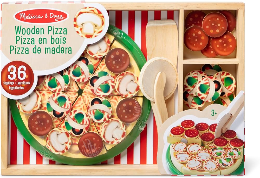 Wooden Pizza Party play food set with 36 toppings