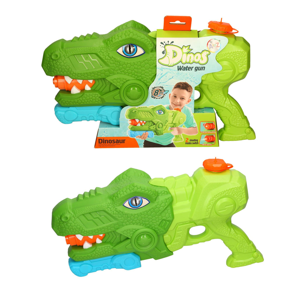 Pistolet à eau en forme de dinosaure de la marque Dinos, d'un vert éclatant
