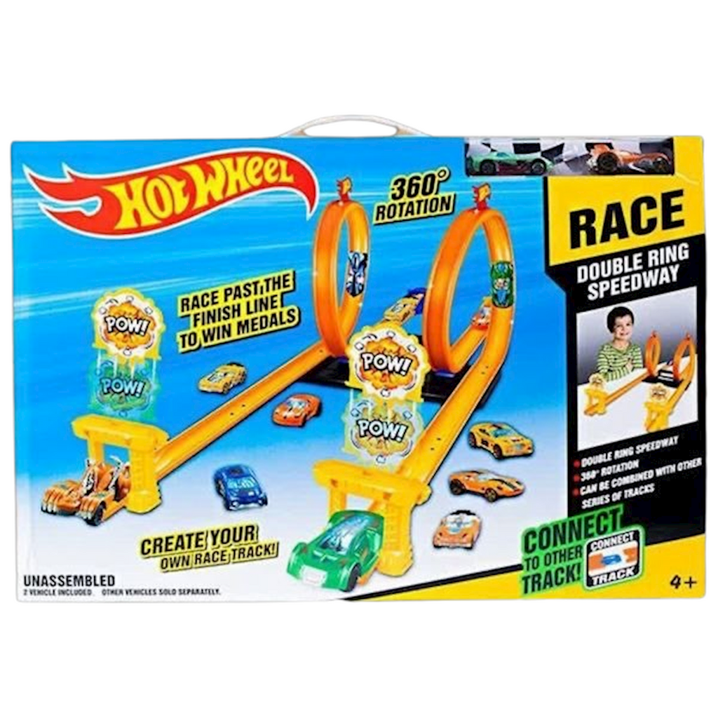 Le circuit Hot Wheels Double Ring Speedway est doté d'une double boucle permettant des figures acrobatiques à 360 degrés.