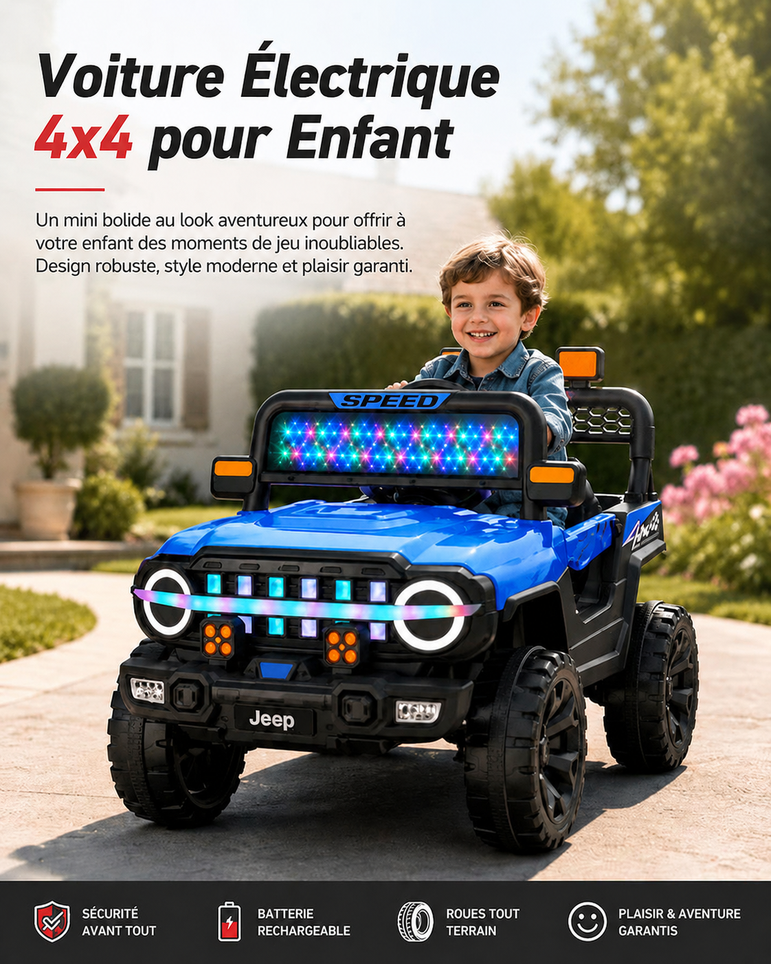 Voiture Électrique 4x4 Enfant Bleue – Tout-Terrain Sport avec Lumières LED