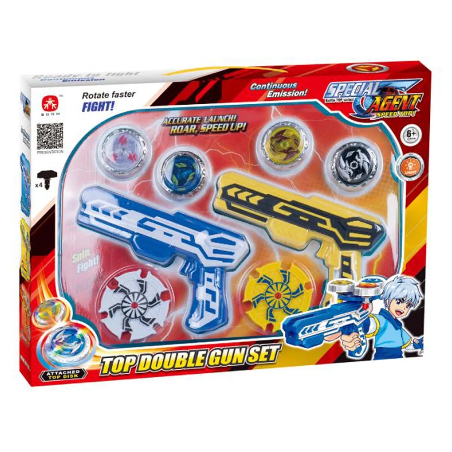 Ensemble Skid Fusion Top Double Gun comprenant deux pistolets lanceurs et quatre toupies en métal.