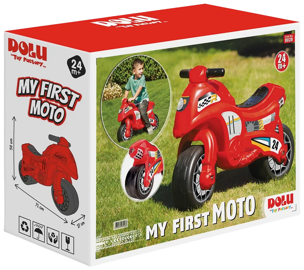 Le jouet rouge Dolu My First Moto est doté d'une construction en plastique durable et de roues larges pour aider les tout-petits à développer leur équilibre et leur motricité.