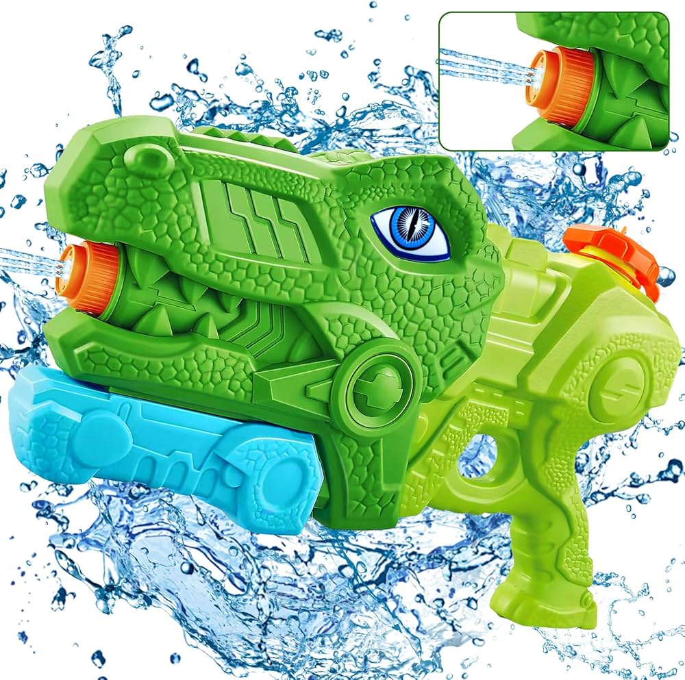 Pistolet à eau en forme de dinosaure de la marque Dinos, d'un vert éclatant