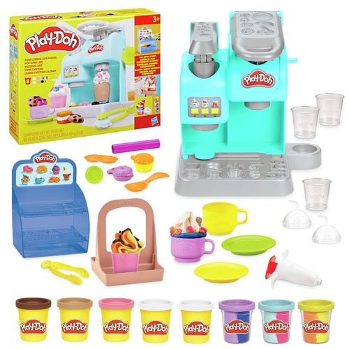 Coffret de jeu Play-Doh Kitchen Creations Colorful Cafe comprenant une cafetière vert menthe et diverses friandises en pâte à modeler