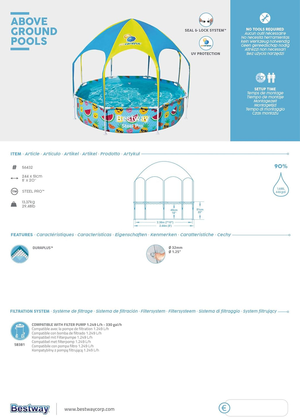 Piscine Bestway Steel Pro 2,44 m avec Toit Pare-Soleil UV – Piscine Enfant Familiale