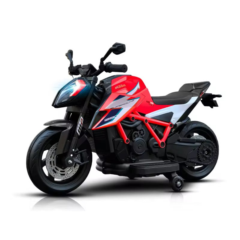 Moto Électrique KTM Sport licencié 12V avec LED, Musique et Roulettes Stabilatrices - Rouge