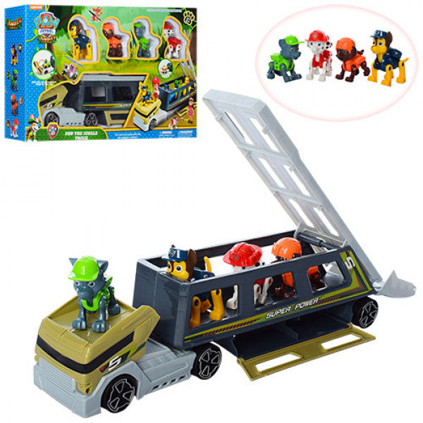 Le coffret de jouets Pat' Patrouille comprend un véhicule sur le thème de la jungle, appelé « Le Camion de la Jungle », qui transporte plusieurs petits véhicules de secours et des personnages.