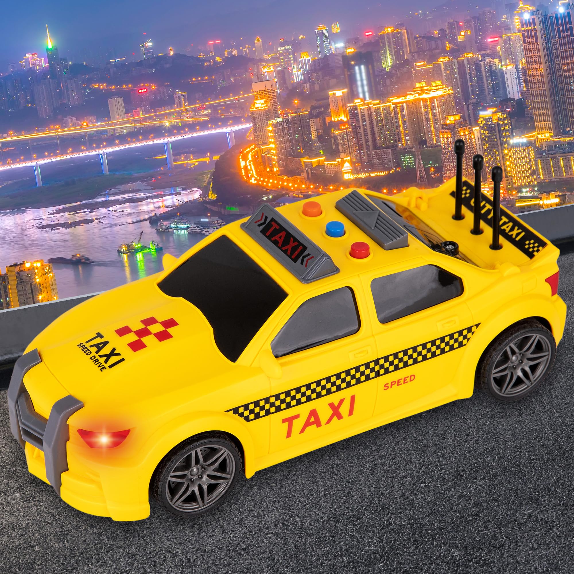 Voiture jouet à inertie de taxi urbain à l'échelle 1:16 de la marque Jiansheng, avec fonctions sonores et lumineuses.