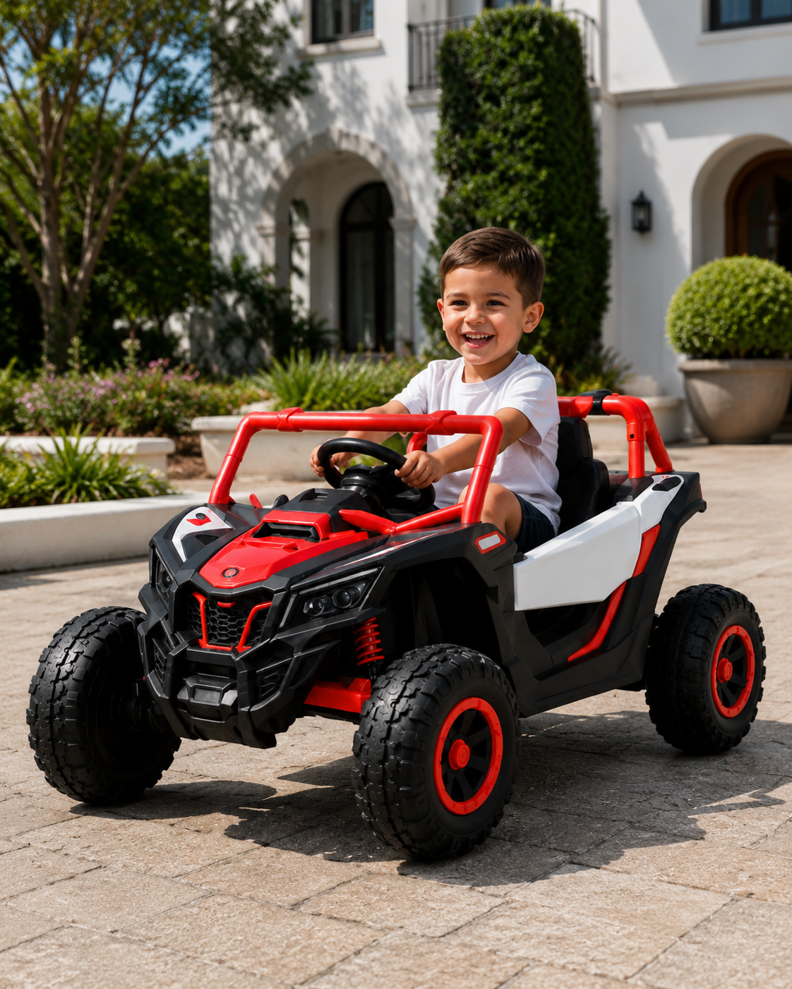 Voiture Électrique Enfant Buggy Rouge et Noir – Tout-Terrain, Grandes Roues & Style Aventure