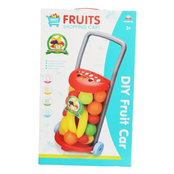 Le jouet DIY Fruit Cart de marque Happy Supermarket est livré avec un panier en plastique coloré et de faux accessoires de fruits.