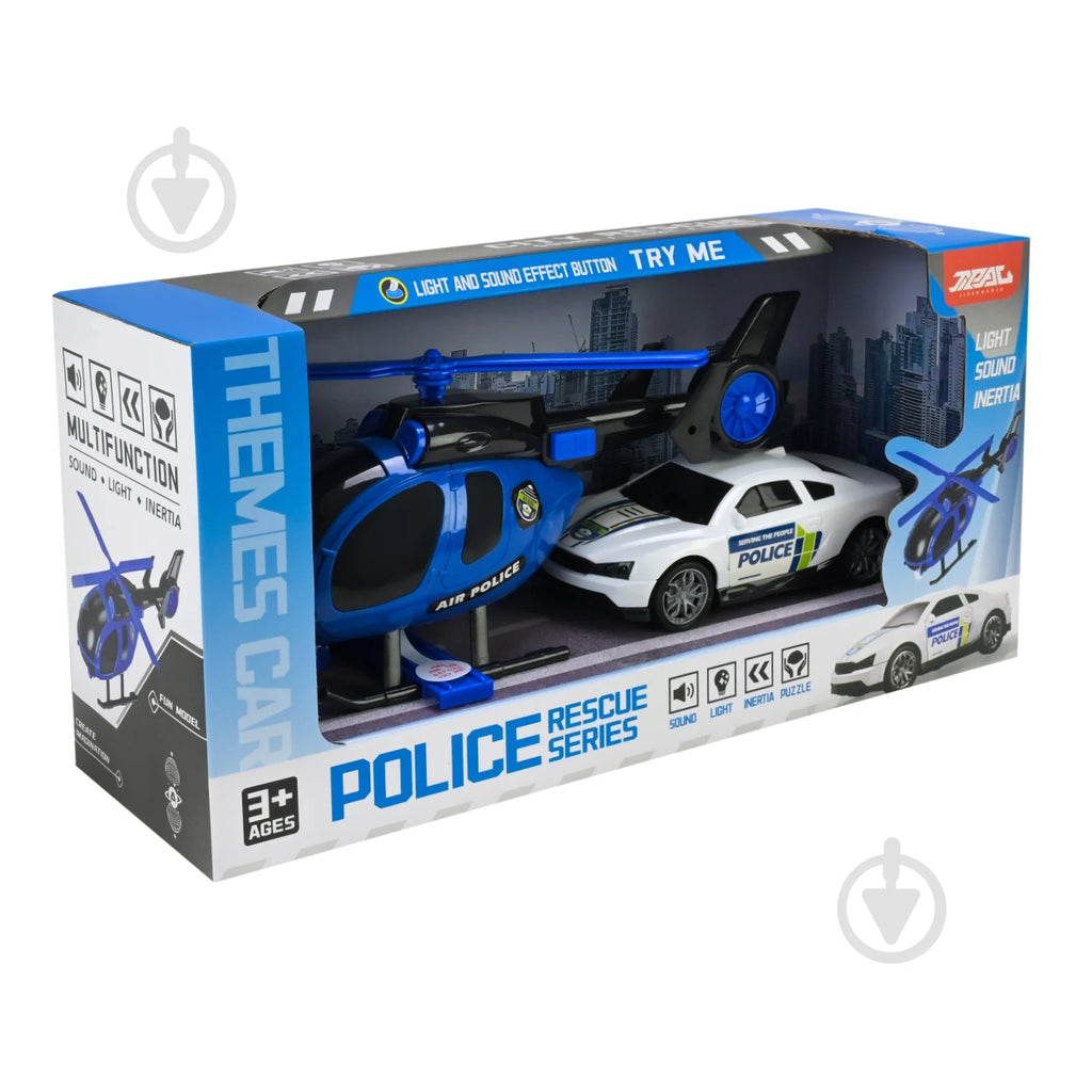 Le coffret Tachan « Police Rescue Series » comprend un hélicoptère bleu et une voiture de police blanche.