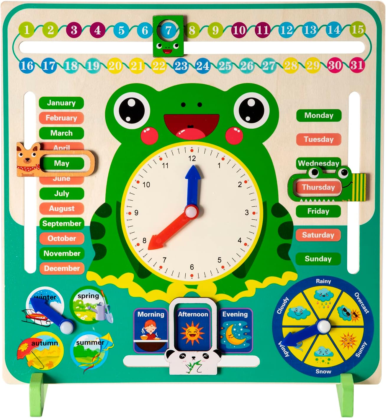 Calendrier éducatif en bois Montessori 7-en-1 – Horloge d’apprentissage interactive