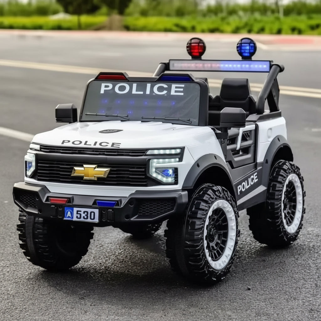 Voiture Électrique Chevrolet électrique Police pour Enfant – 2 Places, Télécommande Parentale & Fonction MP3 - Blanc