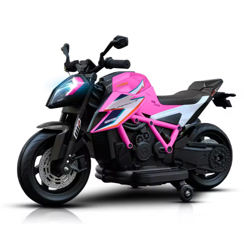 Moto Électrique KTM Sport licencié 12V avec LED, Musique et Roulettes Stabilatrices - rose