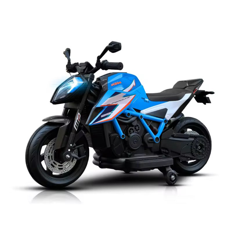 Moto Électrique KTM Sport licencié 12V avec LED, Musique et Roulettes Stabilatrices - Bleu