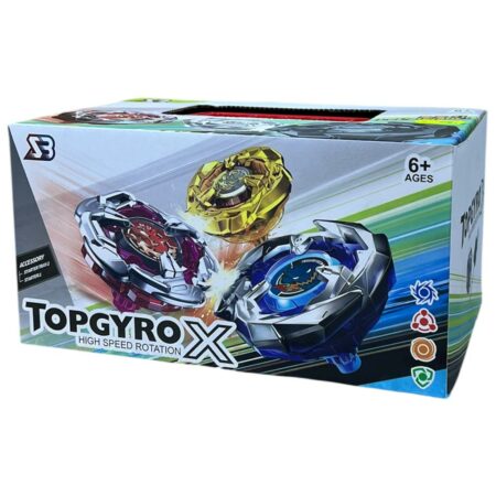 Ensemble de toupies de combat TopGyro X comprenant des jouets dorés et argentés