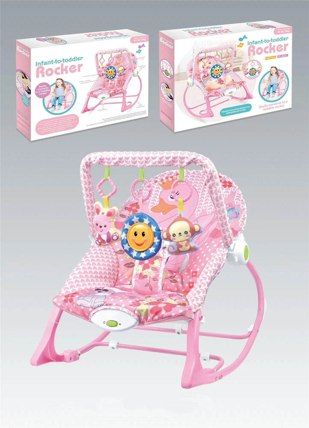 Infant-to-Toddler Rocker with a pink design and attached musical toys.