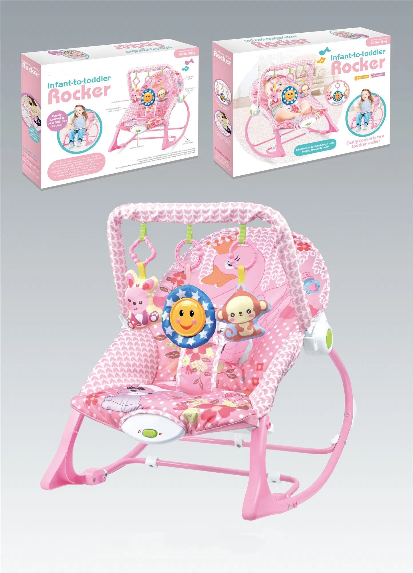 Infant-to-Toddler Rocker with a pink design and attached musical toys.