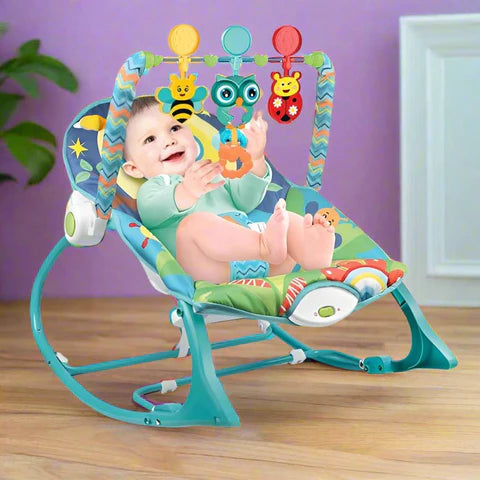 Tiibaby Infant-to-Toddler Rocker in a green, colorful design.