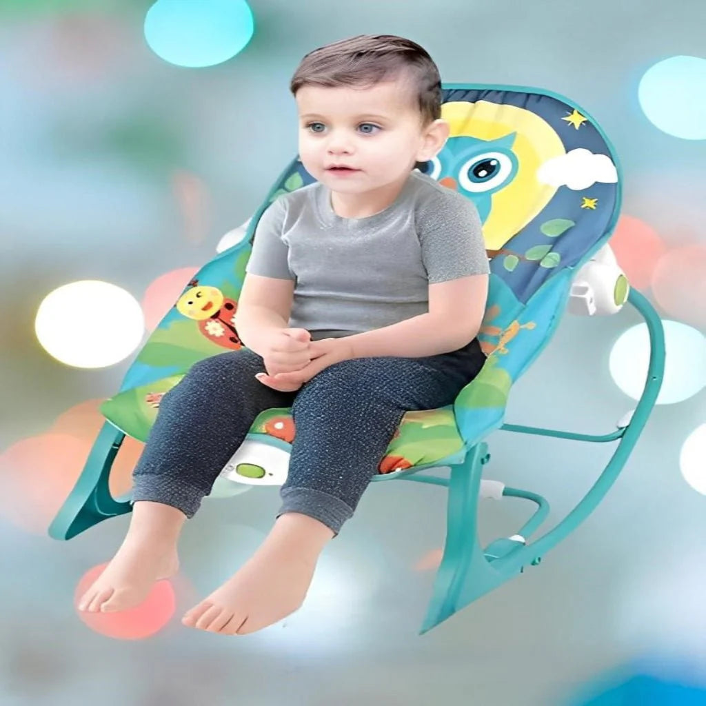 Tiibaby Infant-to-Toddler Rocker in a green, colorful design.