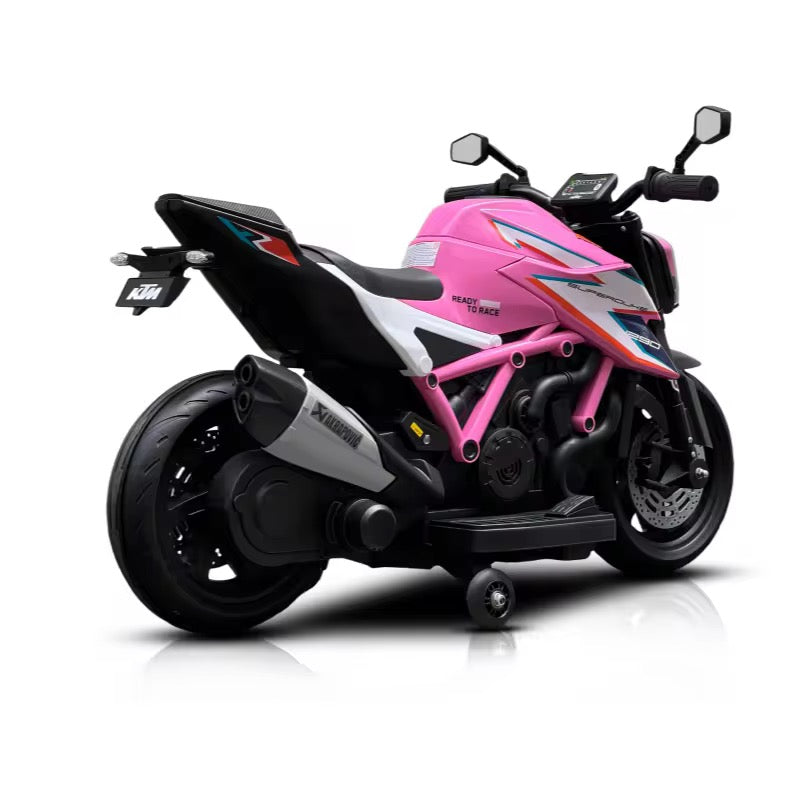 Moto Électrique KTM Sport licencié 12V avec LED, Musique et Roulettes Stabilatrices - rose