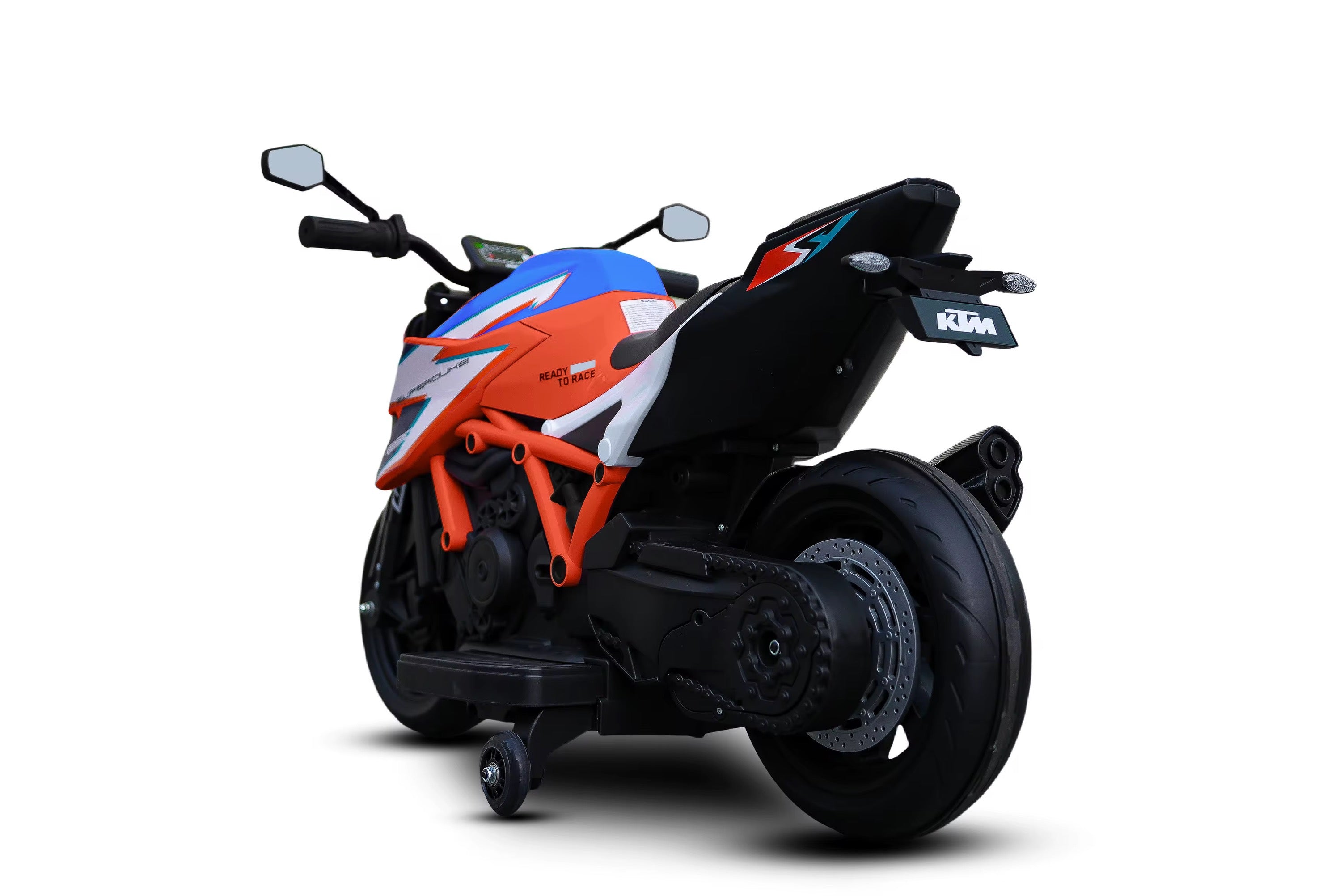 Moto Électrique KTM Sport licencié 12V avec LED, Musique et Roulettes Stabilatrices - orange et bleu