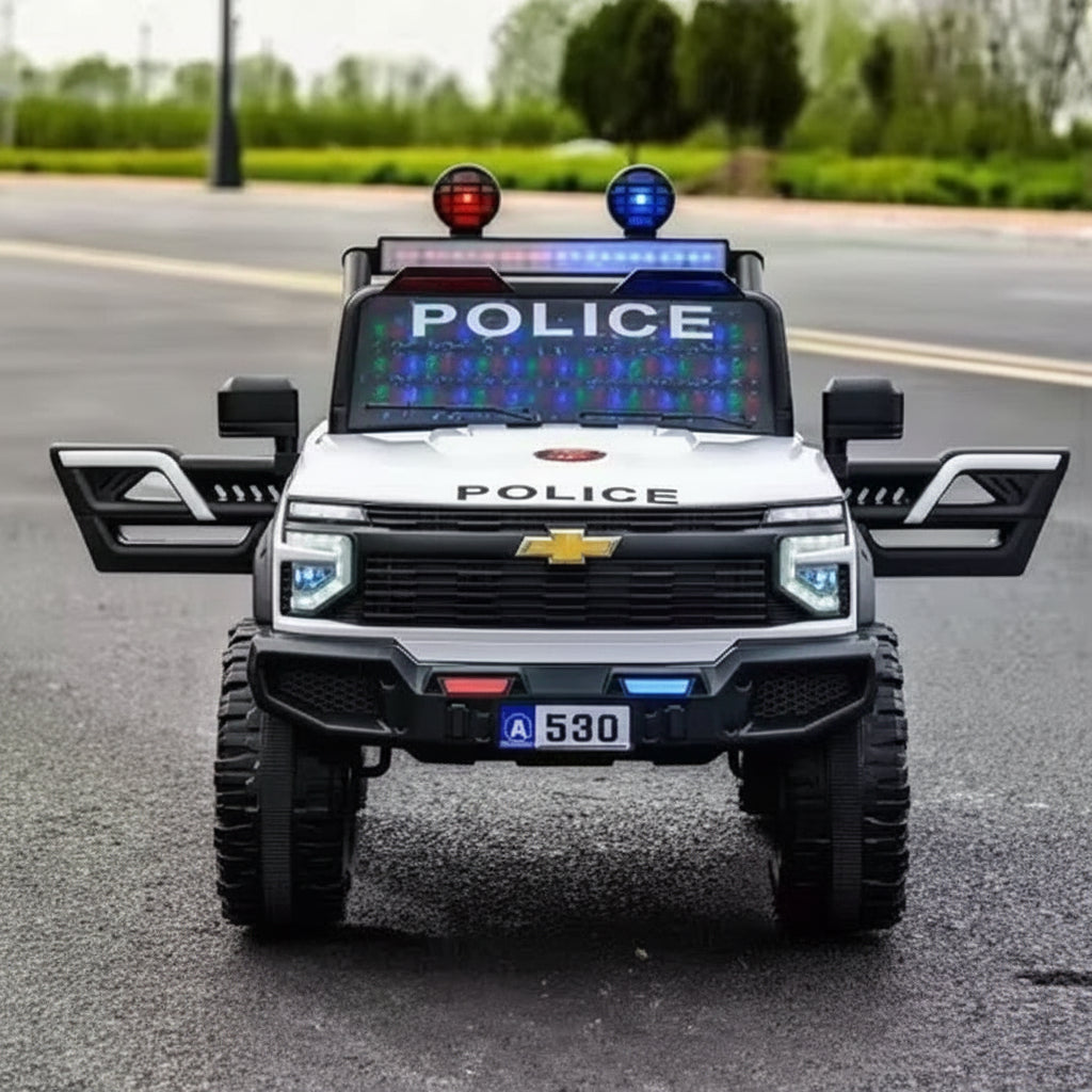 Voiture Électrique Chevrolet électrique Police pour Enfant – 2 Places, Télécommande Parentale & Fonction MP3 - Blanc