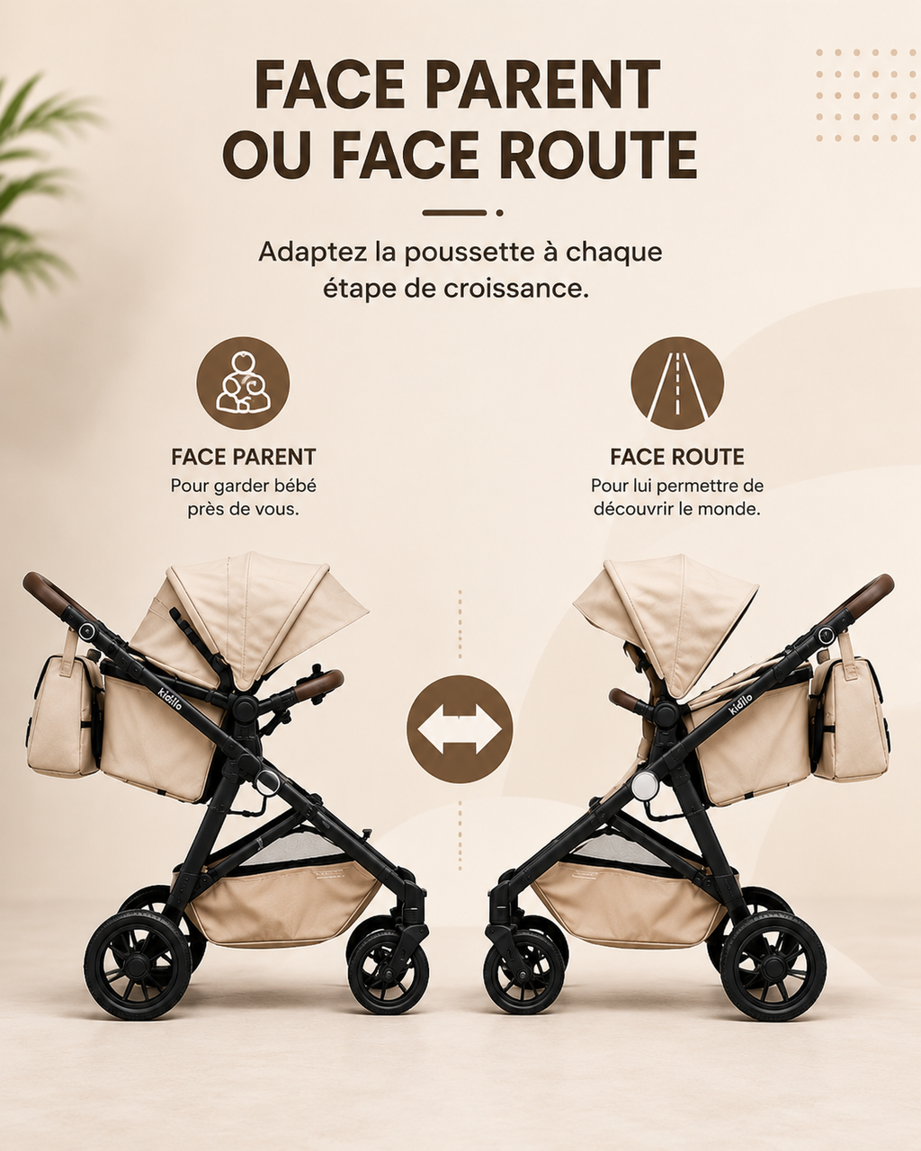 Poussette 3-en-1 Kidilo Premium – Nacelle Convertible, Siège Réversible & Sac Inclus | Beige Luxe