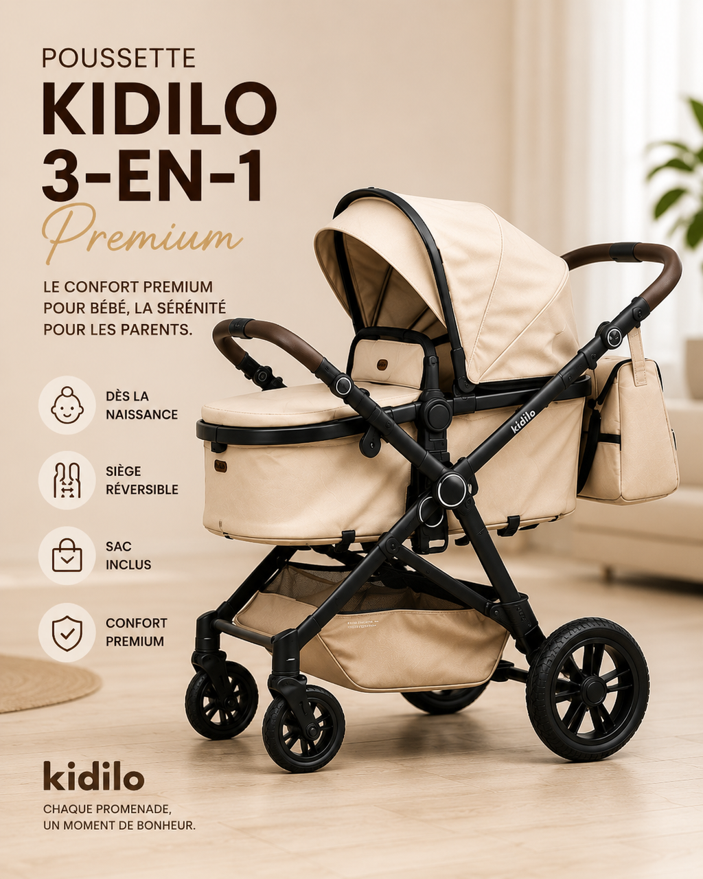 Poussette 3-en-1 Kidilo Premium – Nacelle Convertible, Siège Réversible & Sac Inclus | Beige Luxe