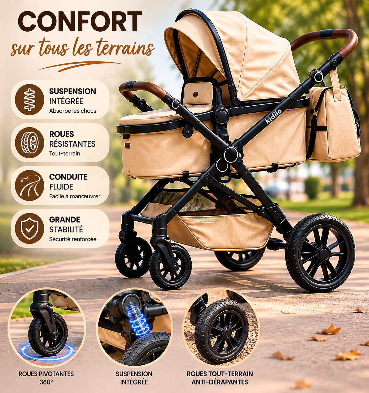 Poussette 3-en-1 Kidilo Premium – Nacelle Convertible, Siège Réversible & Sac Inclus | Beige Luxe