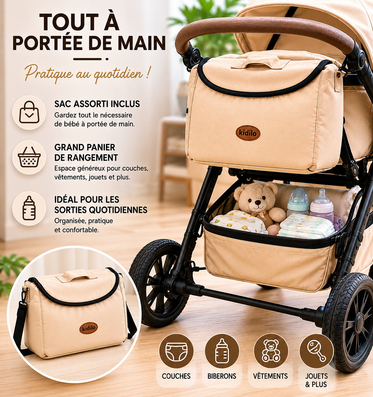 Poussette 3-en-1 Kidilo Premium – Nacelle Convertible, Siège Réversible & Sac Inclus | Beige Luxe