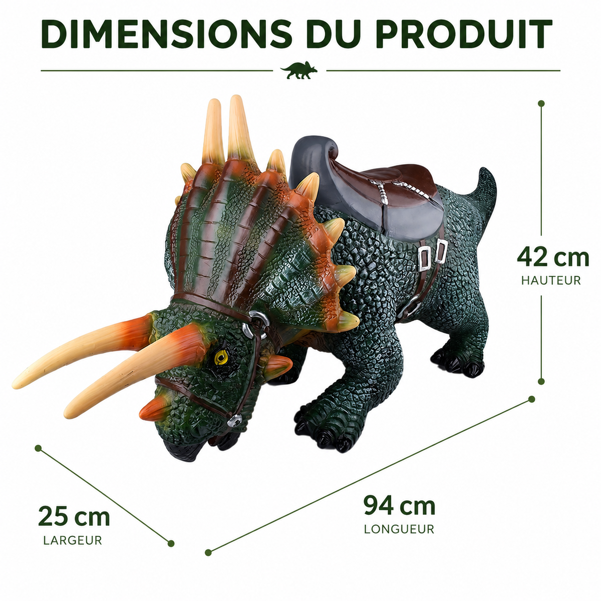 Dinosaure Tricératops à Chevaucher 94 cm – Jouet Réaliste avec Selle – Dès 3 Ans