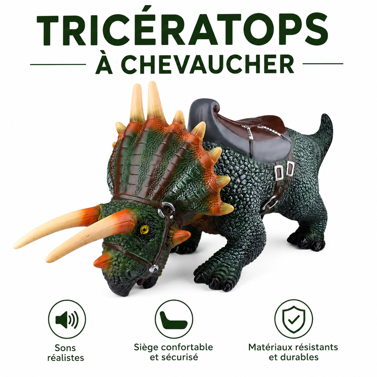 Dinosaure Tricératops à Chevaucher 94 cm – Jouet Réaliste avec Selle – Dès 3 Ans