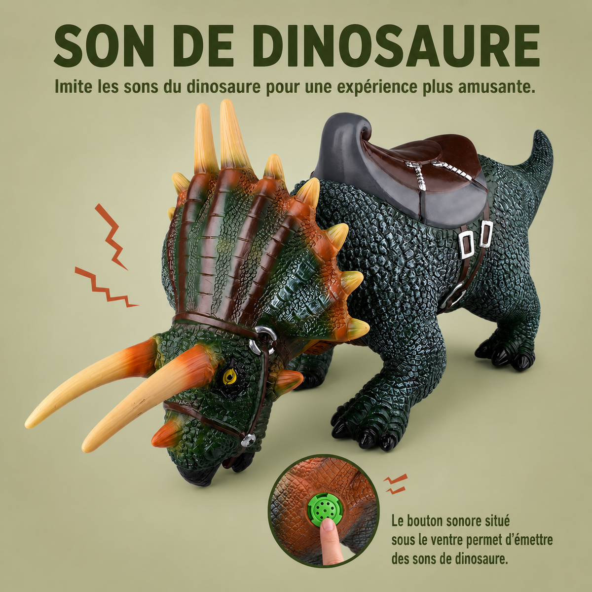 Dinosaure Tricératops à Chevaucher 94 cm – Jouet Réaliste avec Selle – Dès 3 Ans