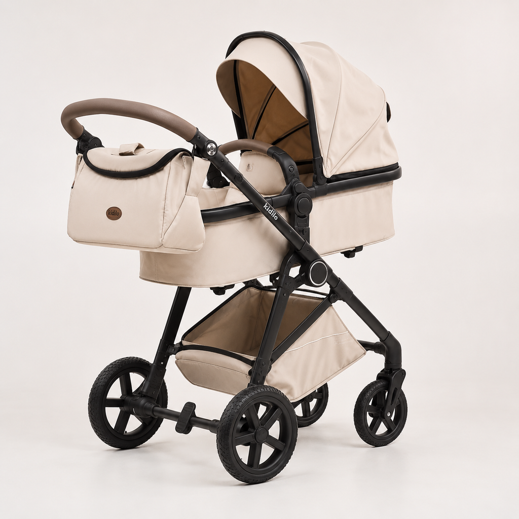 Poussette Bébé Kidilo Premium Beige avec Nacelle & Sac de Rangement