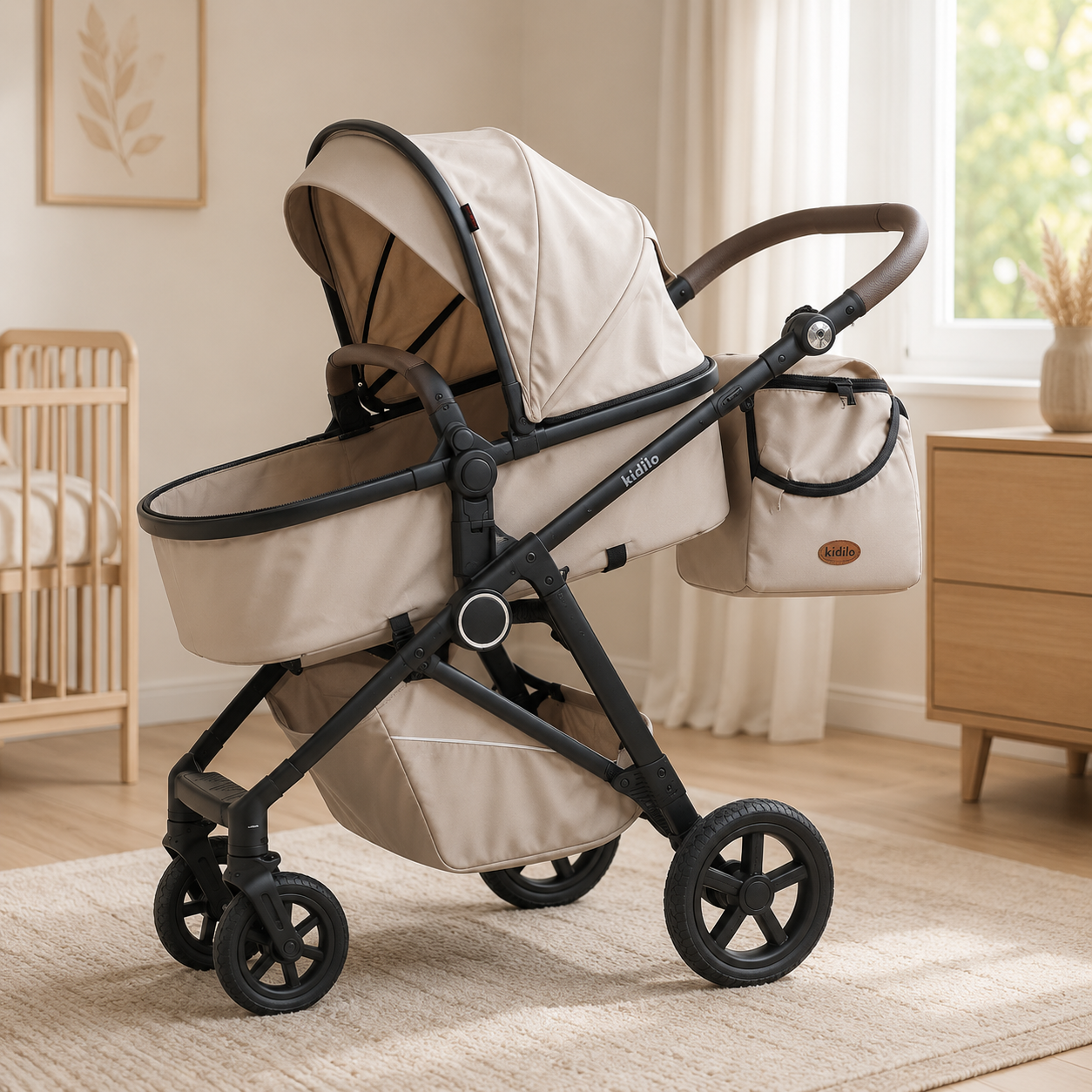 Poussette Bébé Kidilo Premium Beige avec Nacelle & Sac de Rangement