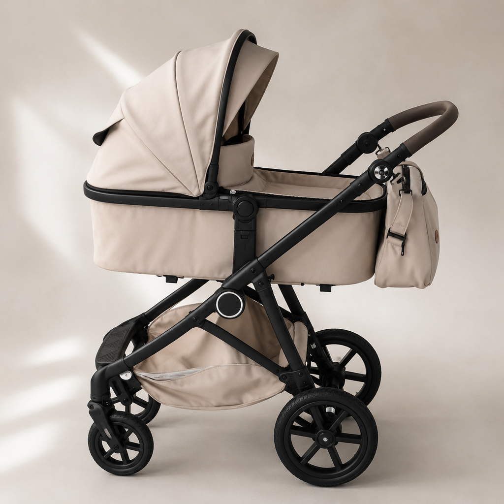 Poussette Bébé Kidilo Premium Beige avec Nacelle & Sac de Rangement