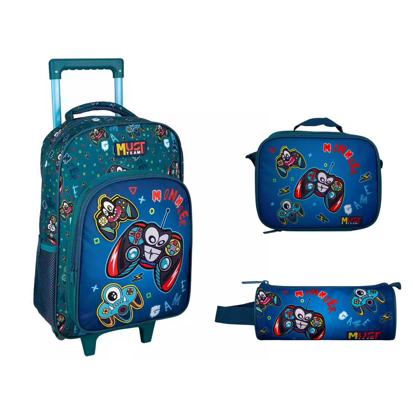 Pack École MUST TEAM Game Monster – Cartable Trolley + Lunch Bag + Trousse
