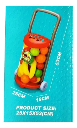 Le jouet DIY Fruit Cart de marque Happy Supermarket est livré avec un panier en plastique coloré et de faux accessoires de fruits.