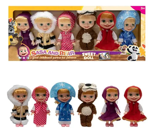 Coffret de poupées « Sasa et Ours » comprenant plusieurs figurines Masha dans différentes tenues.
