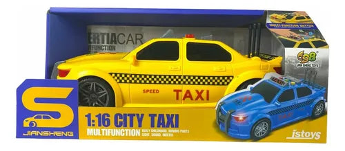 Voiture jouet à inertie de taxi urbain à l'échelle 1:16 de la marque Jiansheng, avec fonctions sonores et lumineuses.