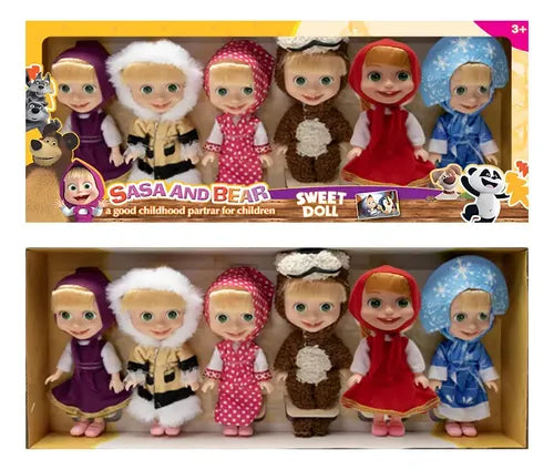 Coffret de poupées « Sasa et Ours » comprenant plusieurs figurines Masha dans différentes tenues.