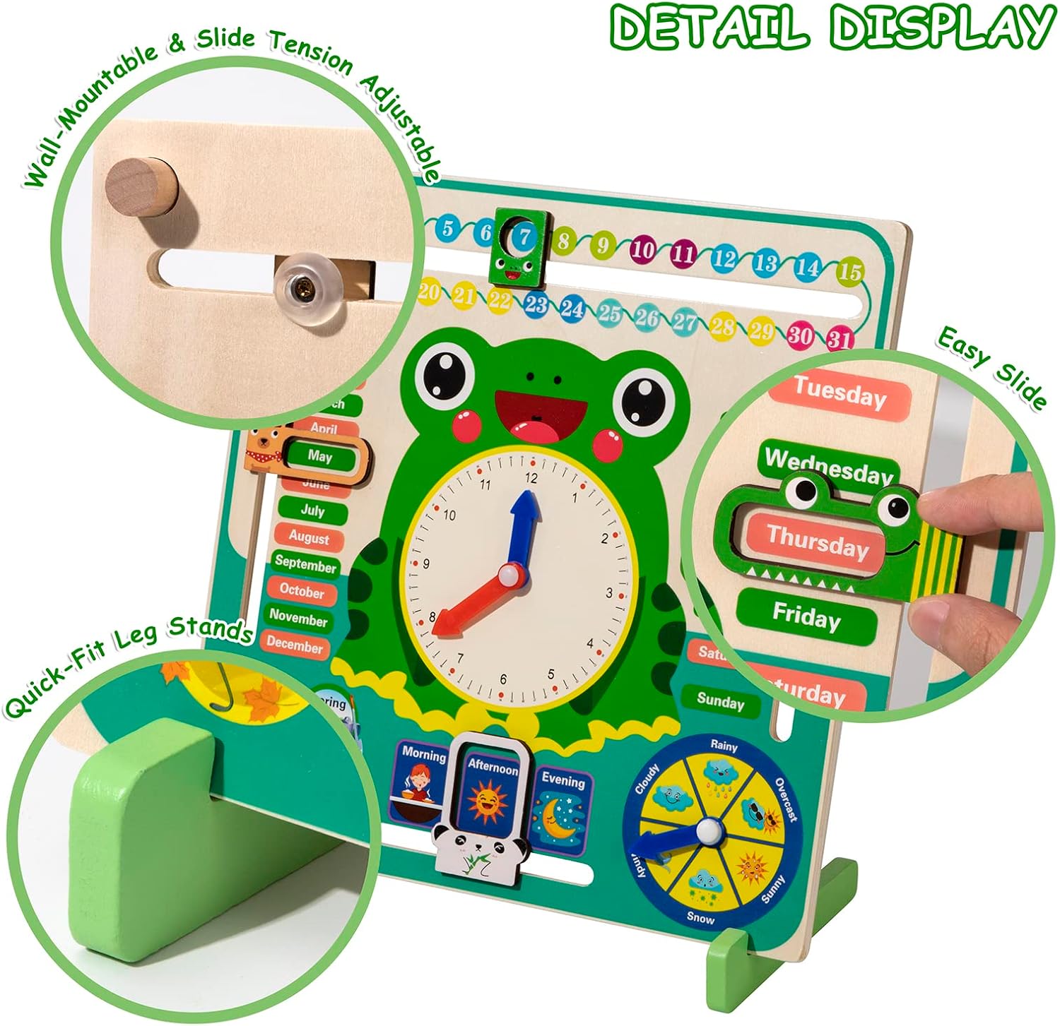 Calendrier éducatif en bois Montessori 7-en-1 – Horloge d’apprentissage interactive