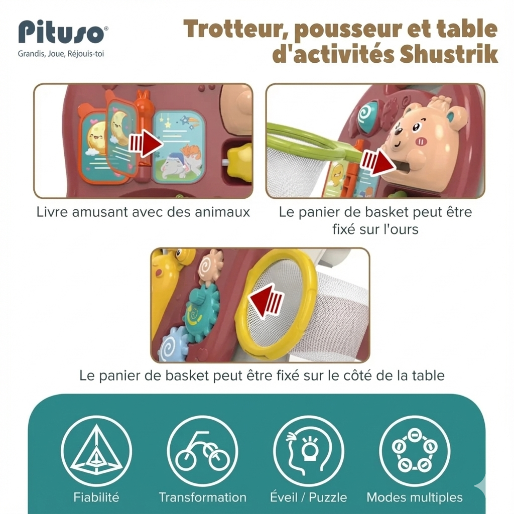 Trotteur, Pousseur et Table d'Activités 3-en-1  – Modèle Moto Musical et Lumineux