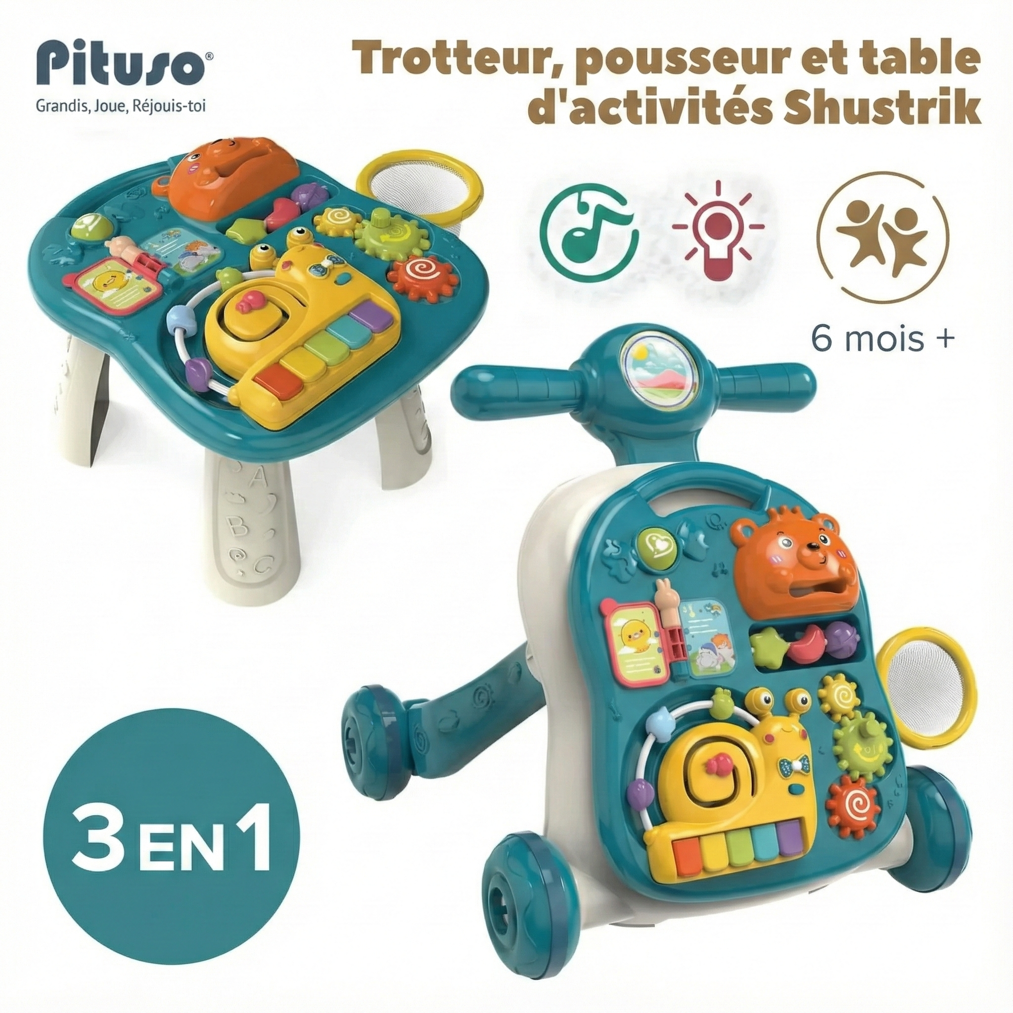 Trotteur, Pousseur et Table d'Activités 3-en-1  – Modèle Moto Musical et Lumineux