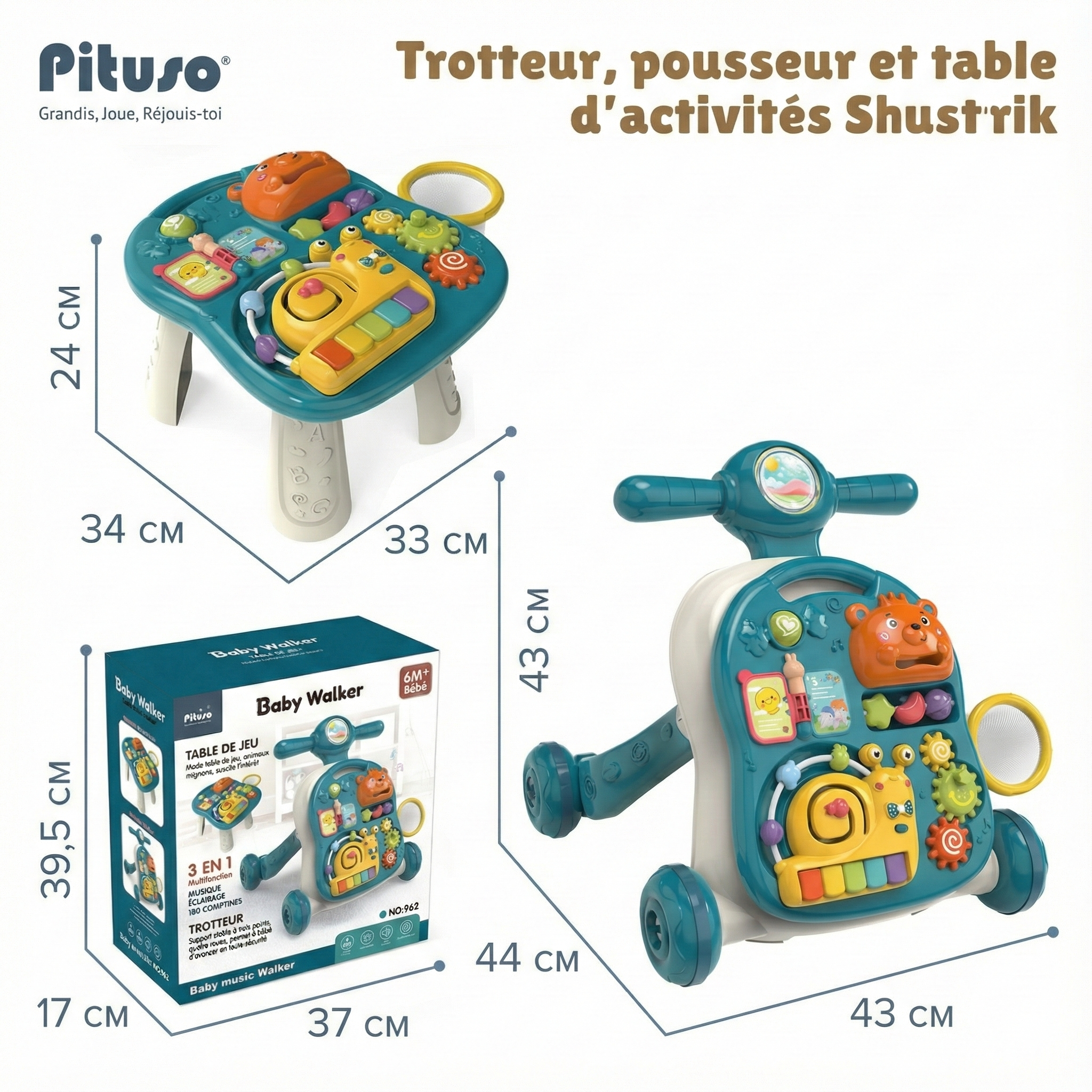 Trotteur, Pousseur et Table d'Activités 3-en-1  – Modèle Moto Musical et Lumineux