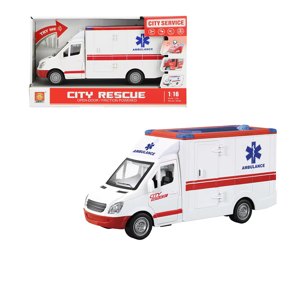 Ambulance Jouet avec Lumières Sons Sirènes Portes et Toit Ouvrables Mouvement Embrayage Grande Échelle 1:16 cm 26 Premiers Soins avec Lumière Sons Civière Amovible Enfants